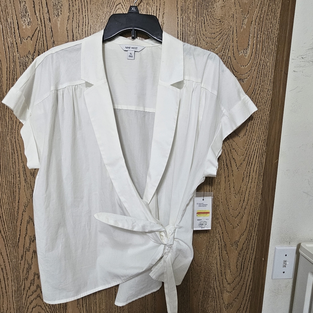 Nine West White Short Sleeve Wrap Blouse